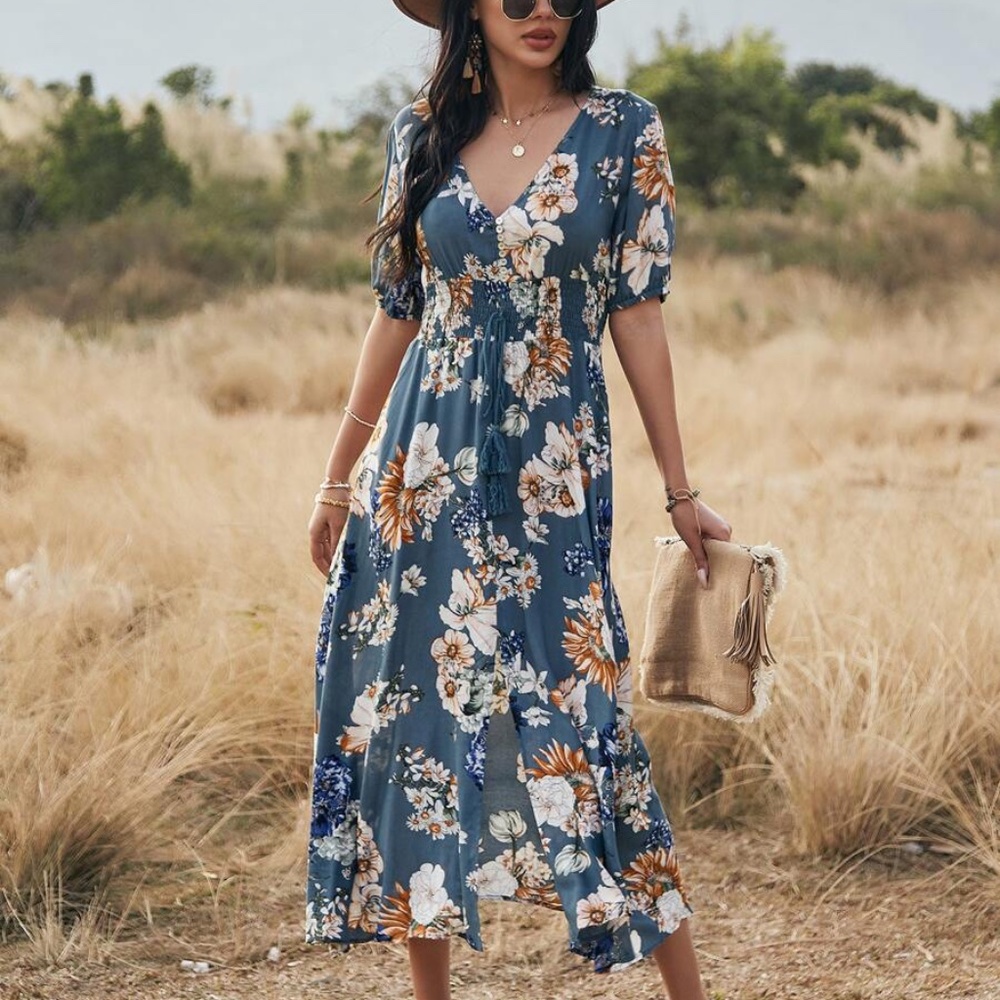boho floral print vneck slit black midi dress Blue - Picture 11 of 11